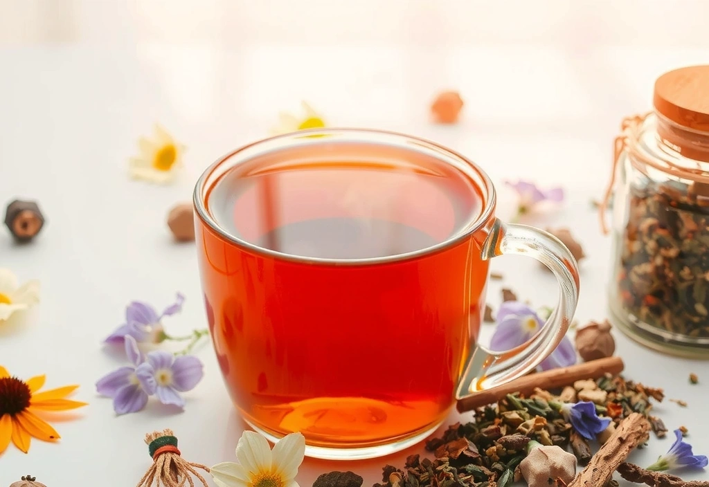 Una taza de té de hierbas humeante con hierbas secas y flores