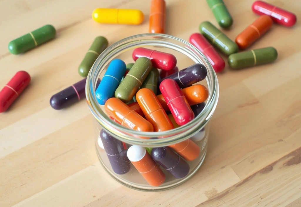 Cápsulas de minerales de colores variados en un frasco de cristal sobre una superficie de madera.