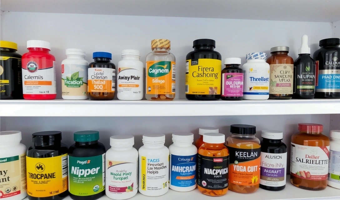 Variedad de botellas de suplementos alimenticios en una estantería bien organizada, con etiquetas claras y colores vibrantes, bajo una luz suave.