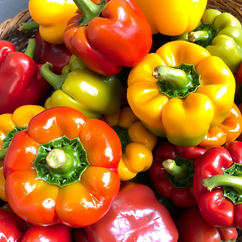 Pimientos rojos y verdes vibrantes apilados en una cesta.