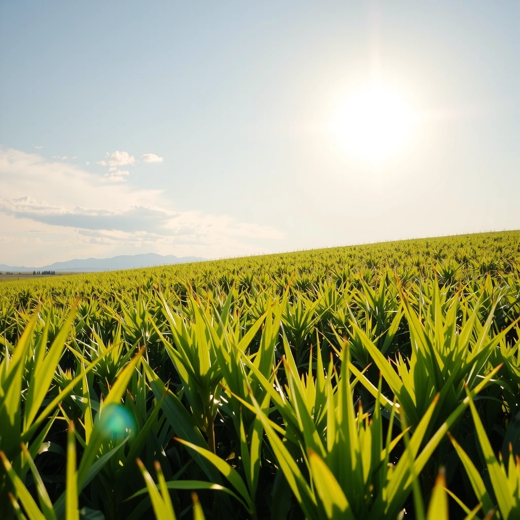 Un sol brillante y cálido brillando sobre un campo verde.